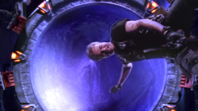 Jack is suspended over the Stargate's gravity well ("A Matter of Time")